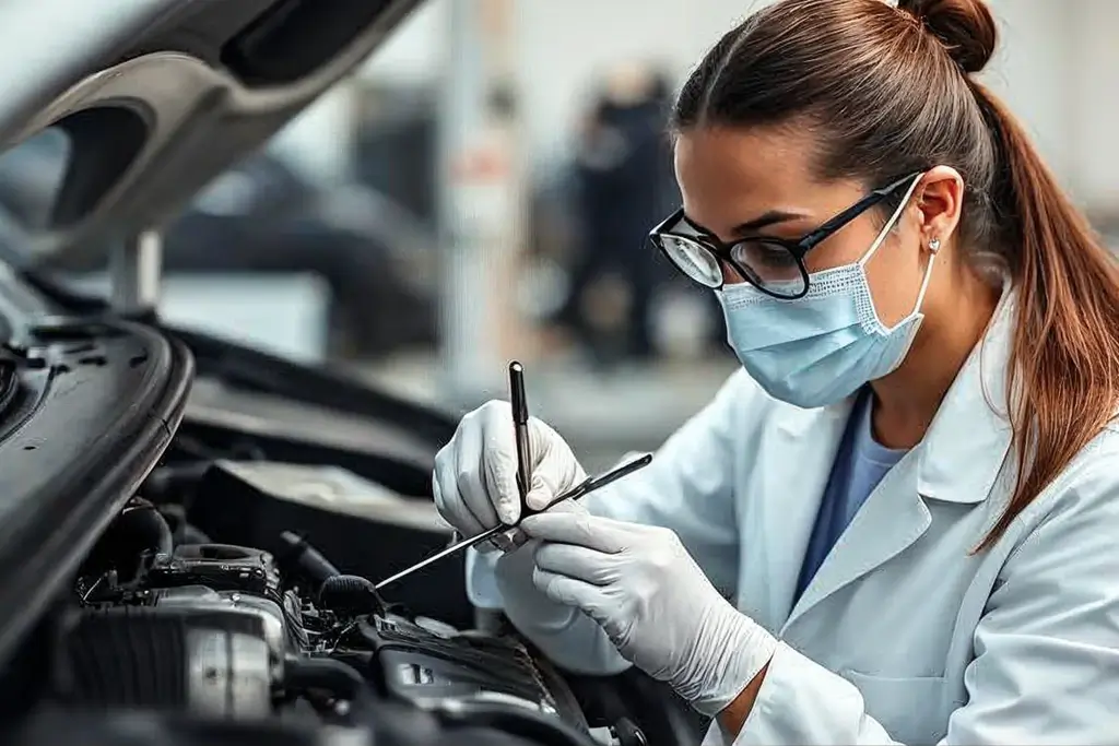 A dentist works on a car engine